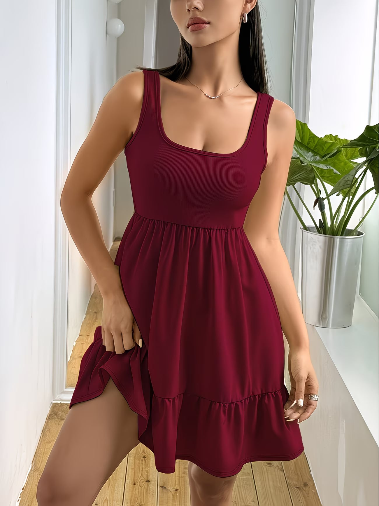 Ruffle Lychee Leaf Print Dress – Boat Neck & Off-Shoulder
