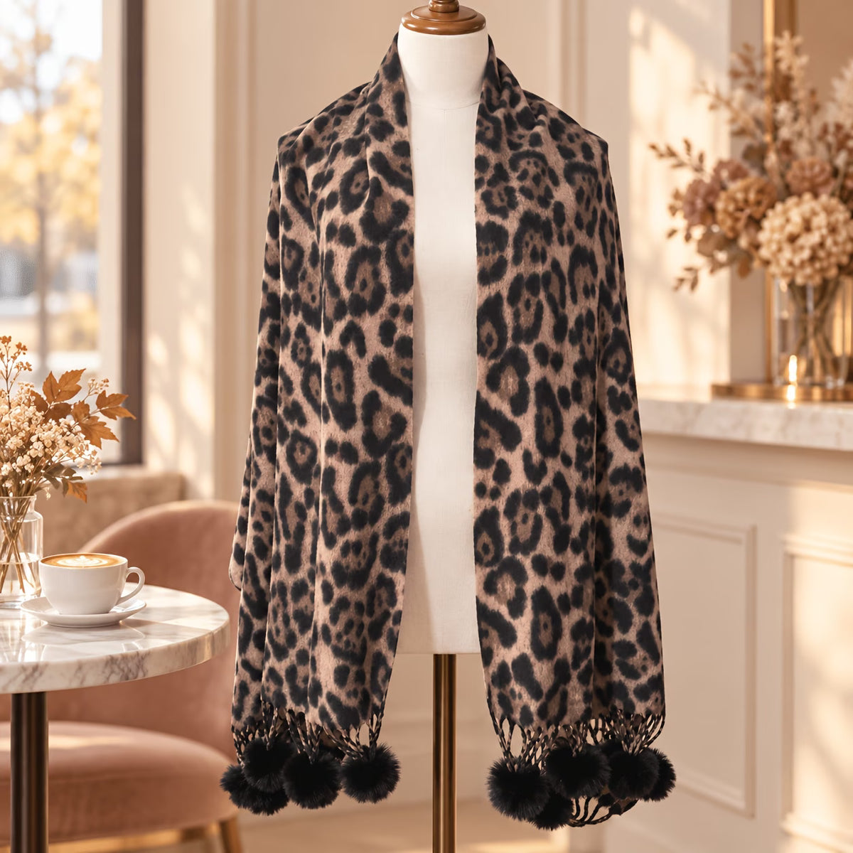 Faux Cashmere Leopard Print Pom-Pom Scarf