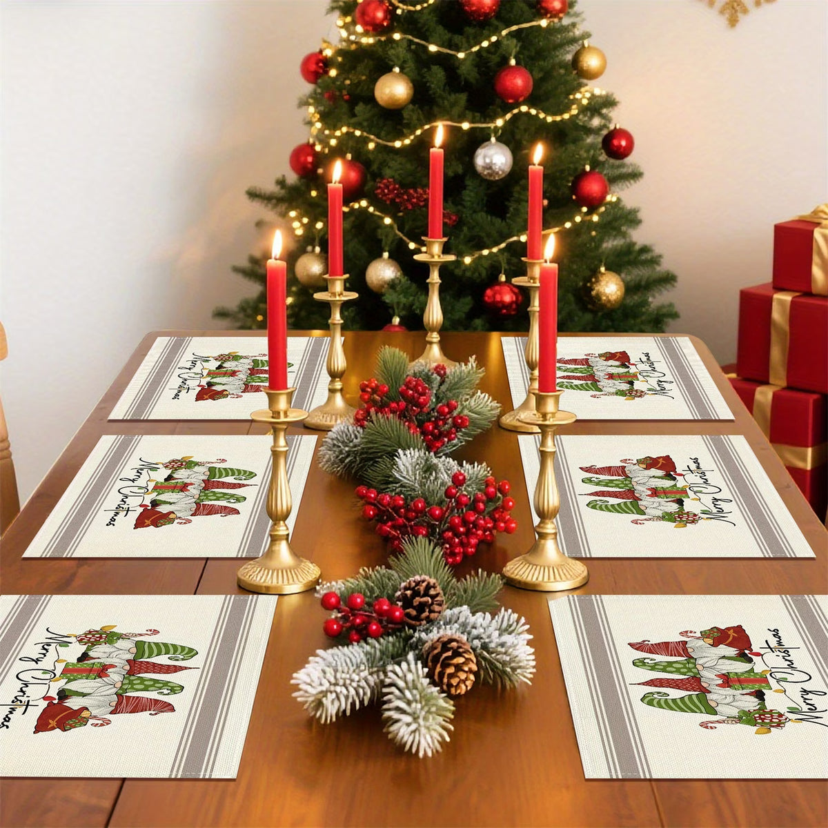Christmas Table Mats – Set of 6 | Gnome, Candy Cane & Merry Christmas Placemats (30×45cm)
