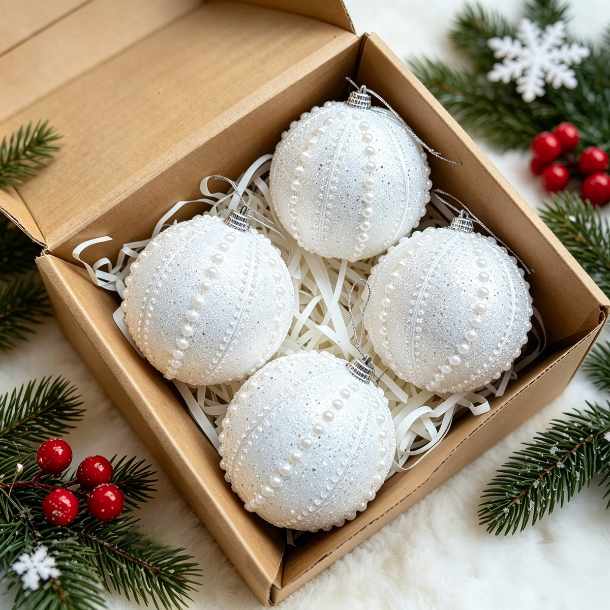 Imitation Pearl Christmas Ornaments - 4pcs, 8cm Faux Pearl Decorations
