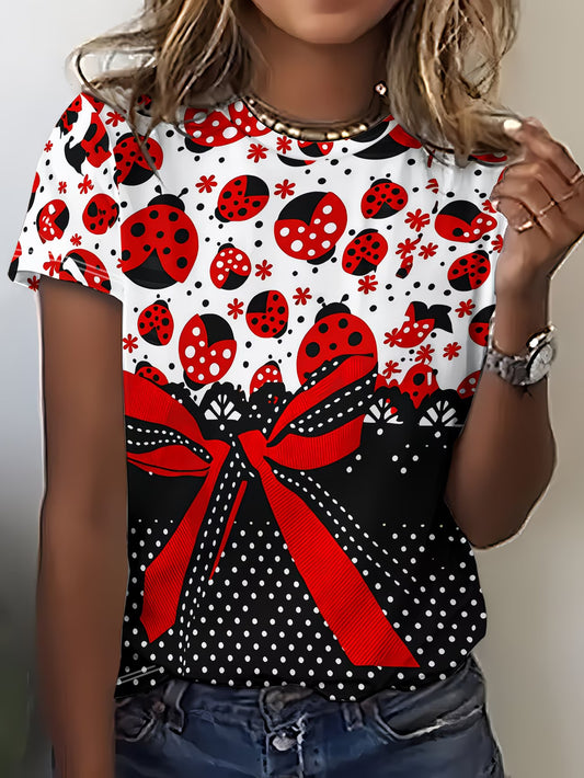 Short Sleeve Ladybug Print T-Shirt | Red & Black with Bow Tie Detail