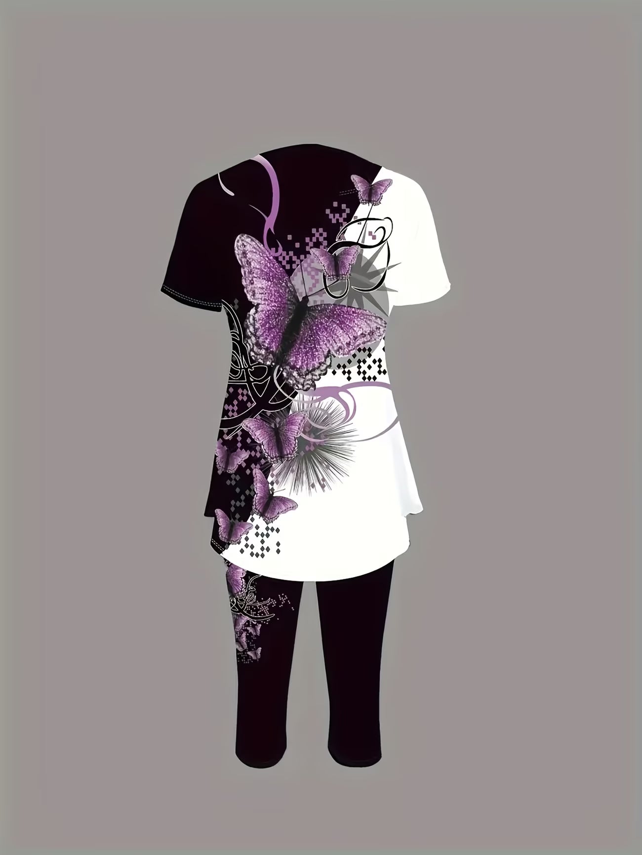 2-Piece Women's T-Shirt & Pants Set – Elegant Butterfly Colour Block Design