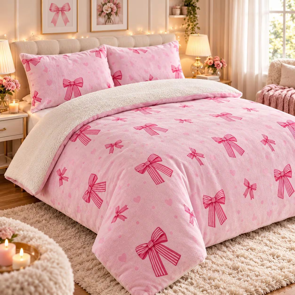 Teddy Fleece Duvet Cover Set – Candy Cane & Pink Bow Designs