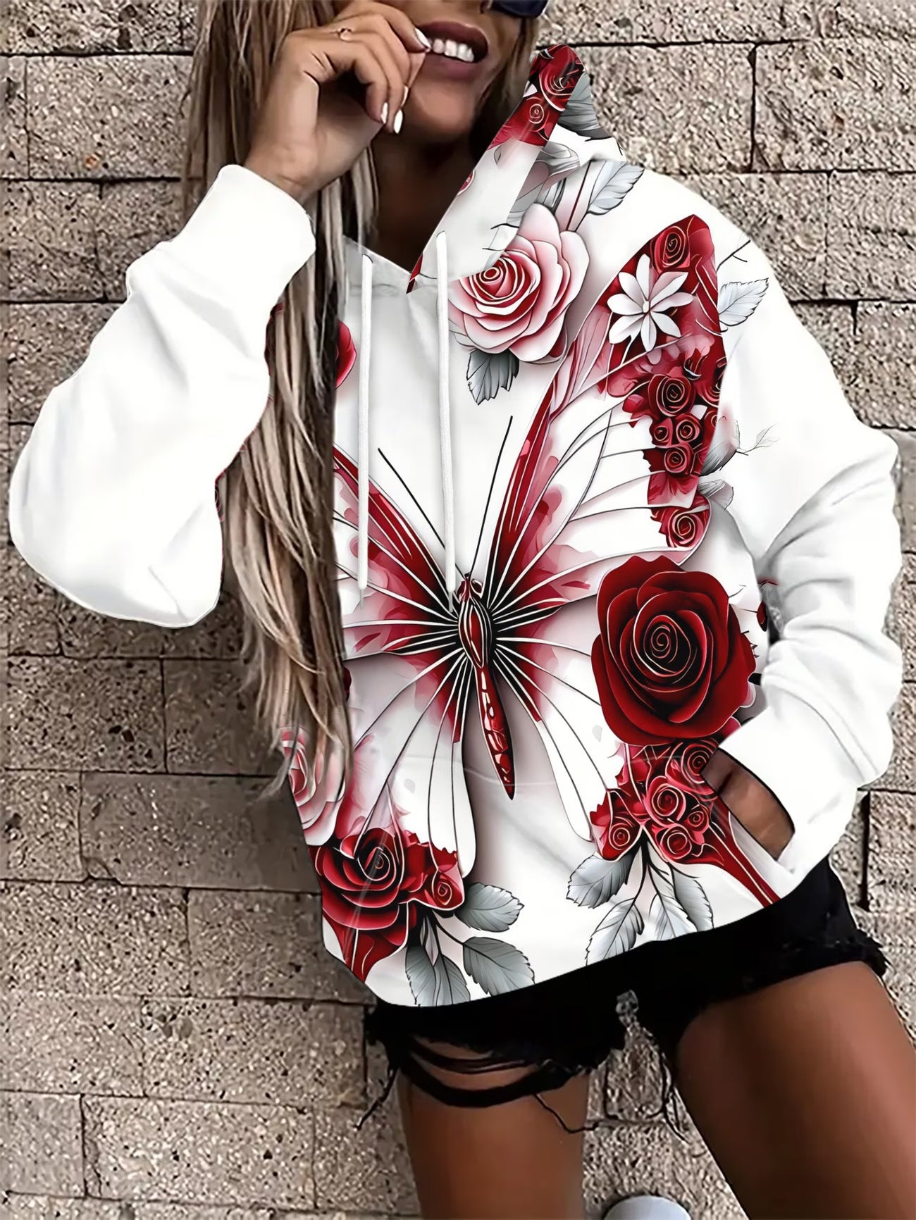 Hooded Sweatshirt – Butterfly Rose Print