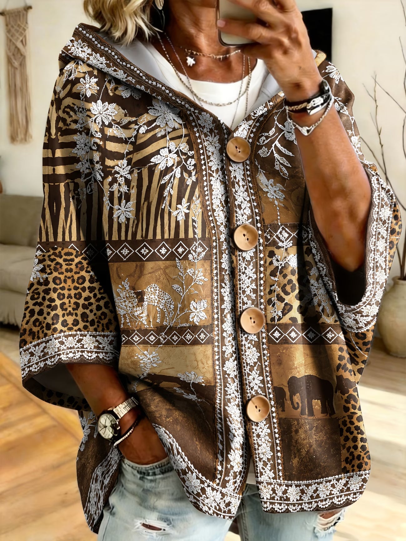 Plus Size African Print Hooded Sweatshirt – Leopard & Elephant Patchwork with Wood Buttons