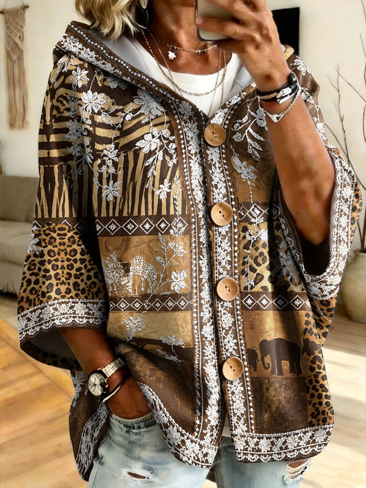 Plus Size African Print Hooded Sweatshirt – Leopard & Elephant Patchwork with Wood Buttons