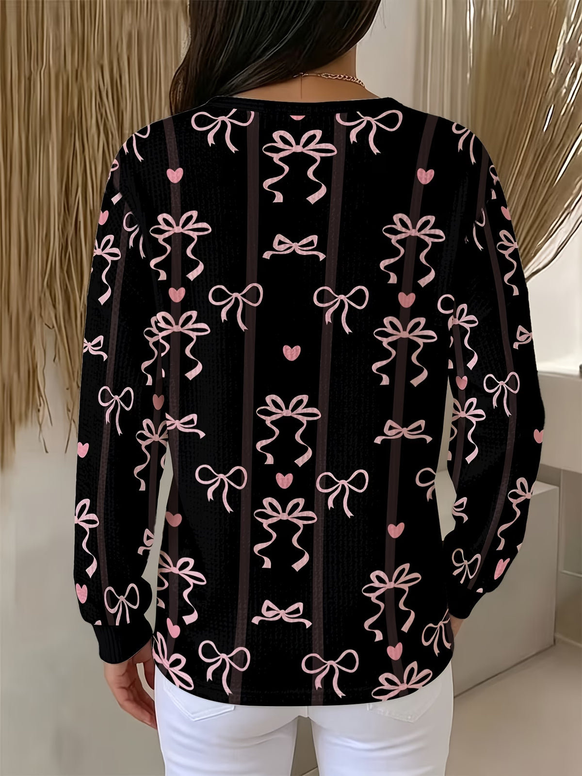 Women’s Black Sweatshirt with Pink Bow & Heart Print