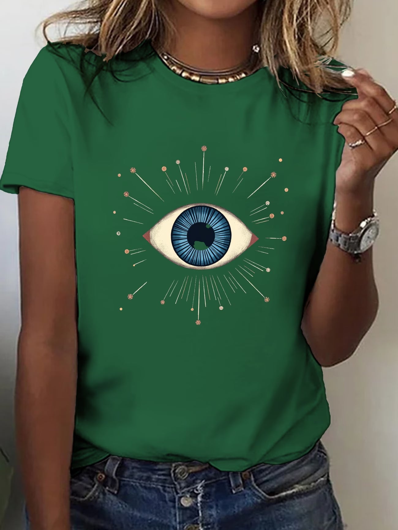 Women's Stylized Eye Blue Iris Geometric Print T-Shirt