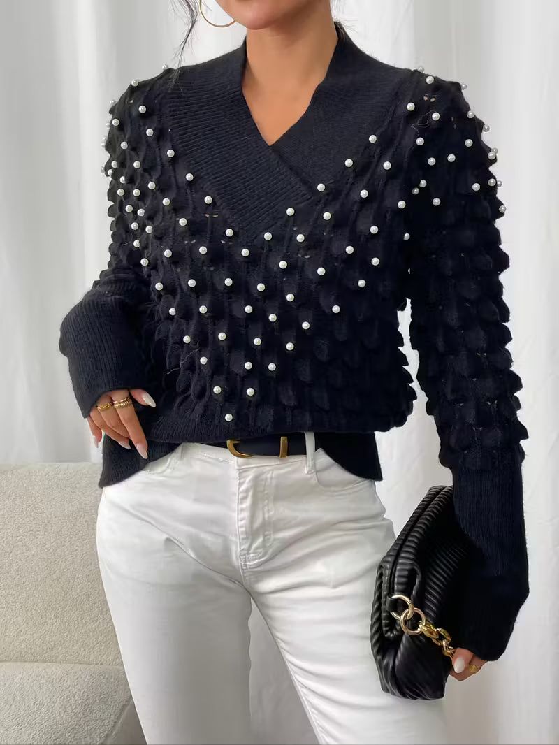 Women'S Elegant V-Neck Sweater with Rhinestone Embellishments