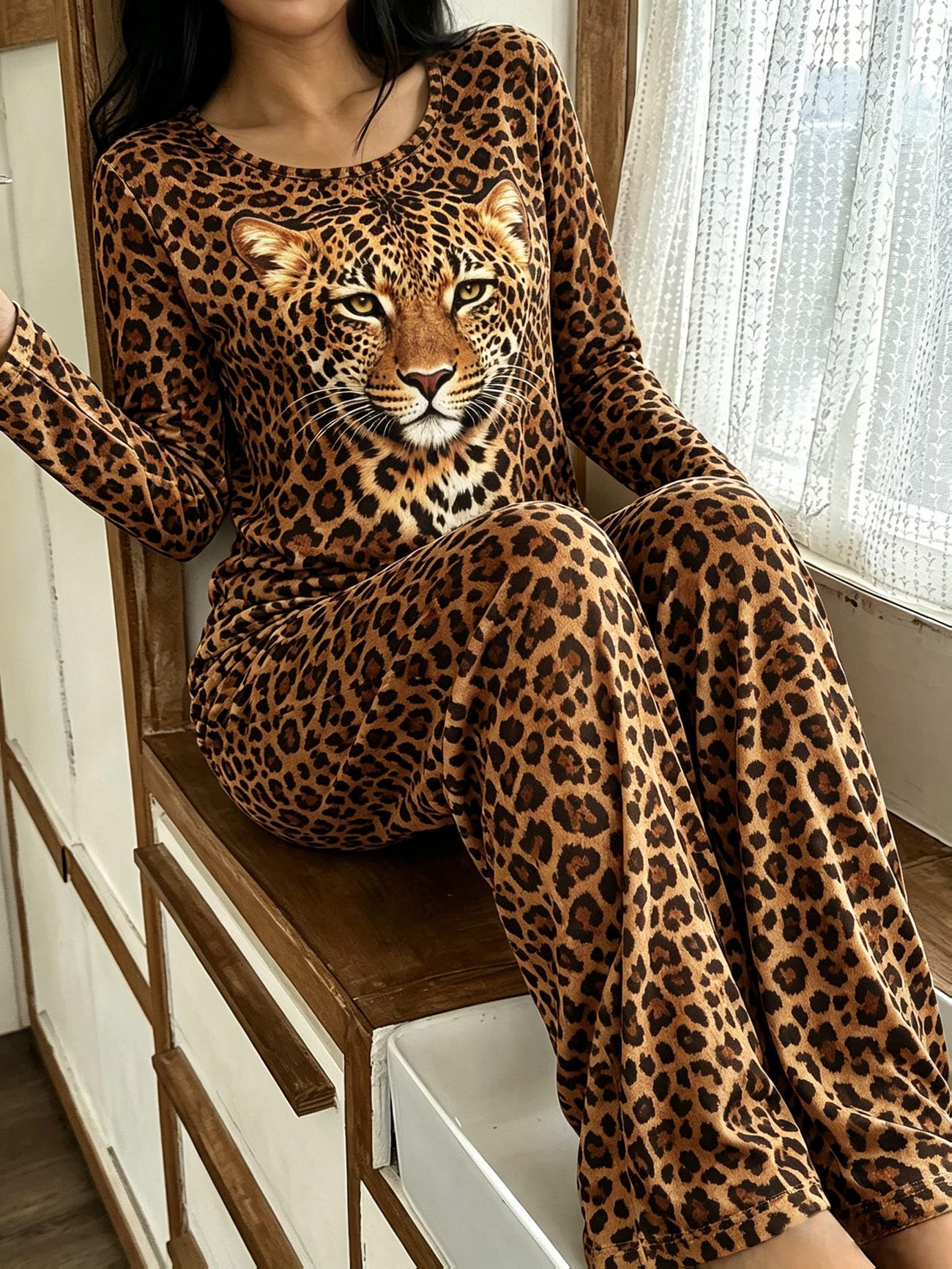 Women's Leopard Print Pajama Set – Crew Neck Long Sleeve Top & Long Pants