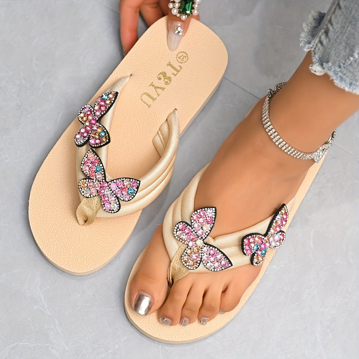 Women's Butterfly & Bow Rhinestone Flat Slip-On Sandals