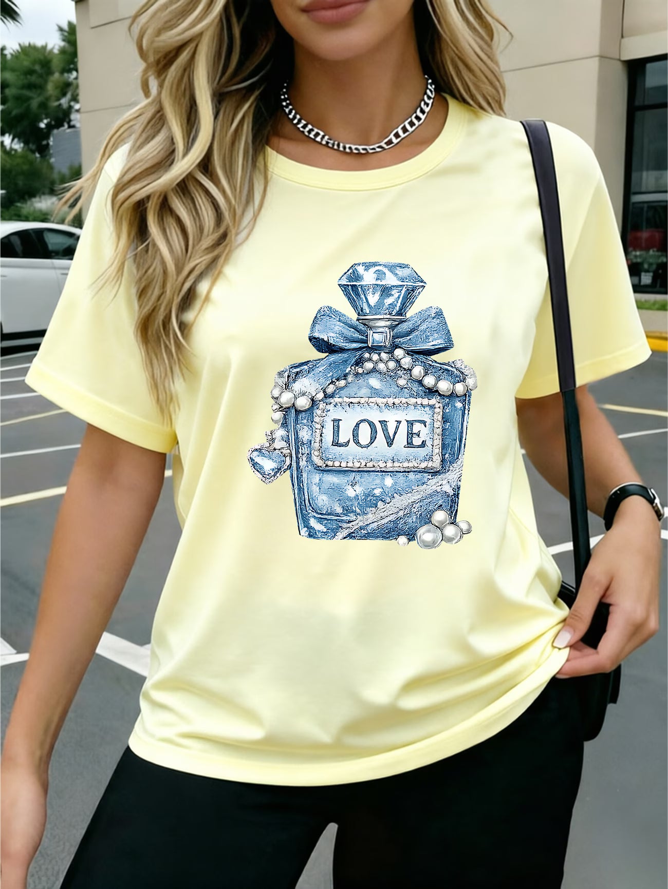 Denim Pearl Bow Heart T-Shirt Denim Fabric