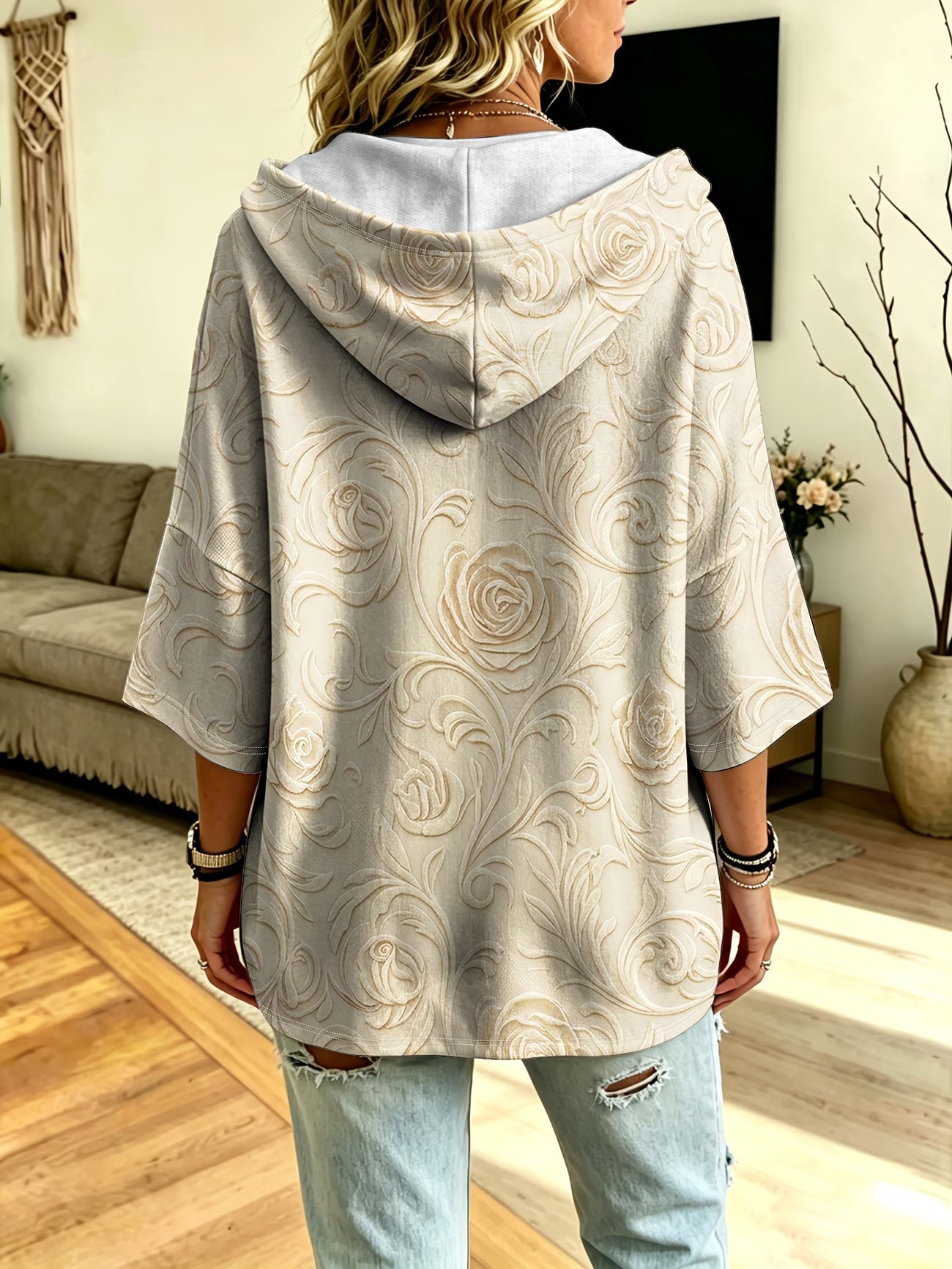 Plus-Size 3D Rose Print Hooded Cardigan – French-Style Faux Wooden Button Jacket