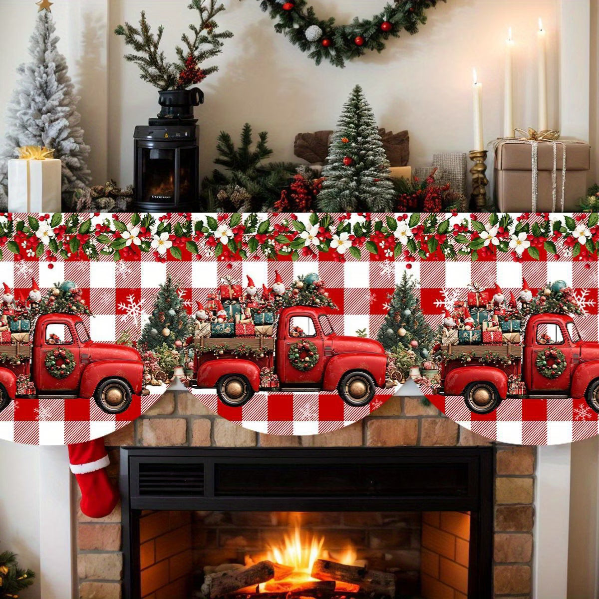 Christmas Fireplace Mantel Scarf | Truck, Gnome & Snowflake | Red Buffalo Plaid & Green Pine Tree Striped Design
