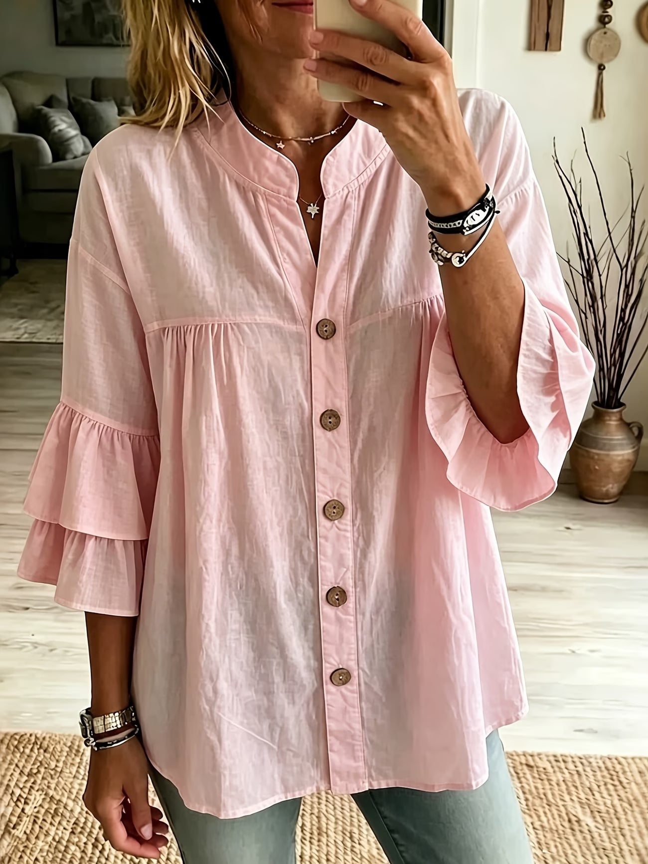 Ruffle Trim Three-Quarter Sleeve Shirt — Contrast Button Detail