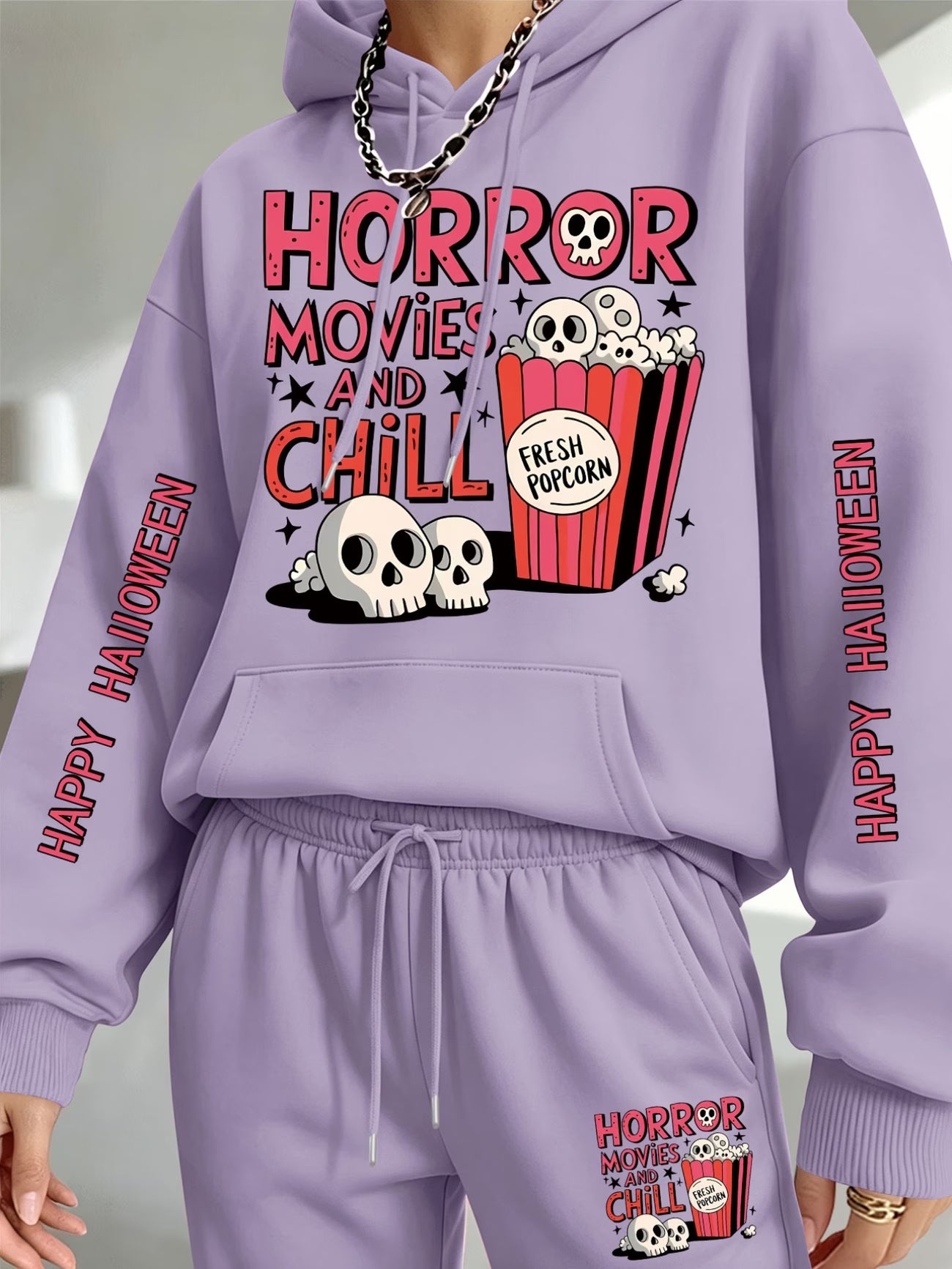 Halloween Skull & Popcorn Hooded Sweatshirt & Joggers Set