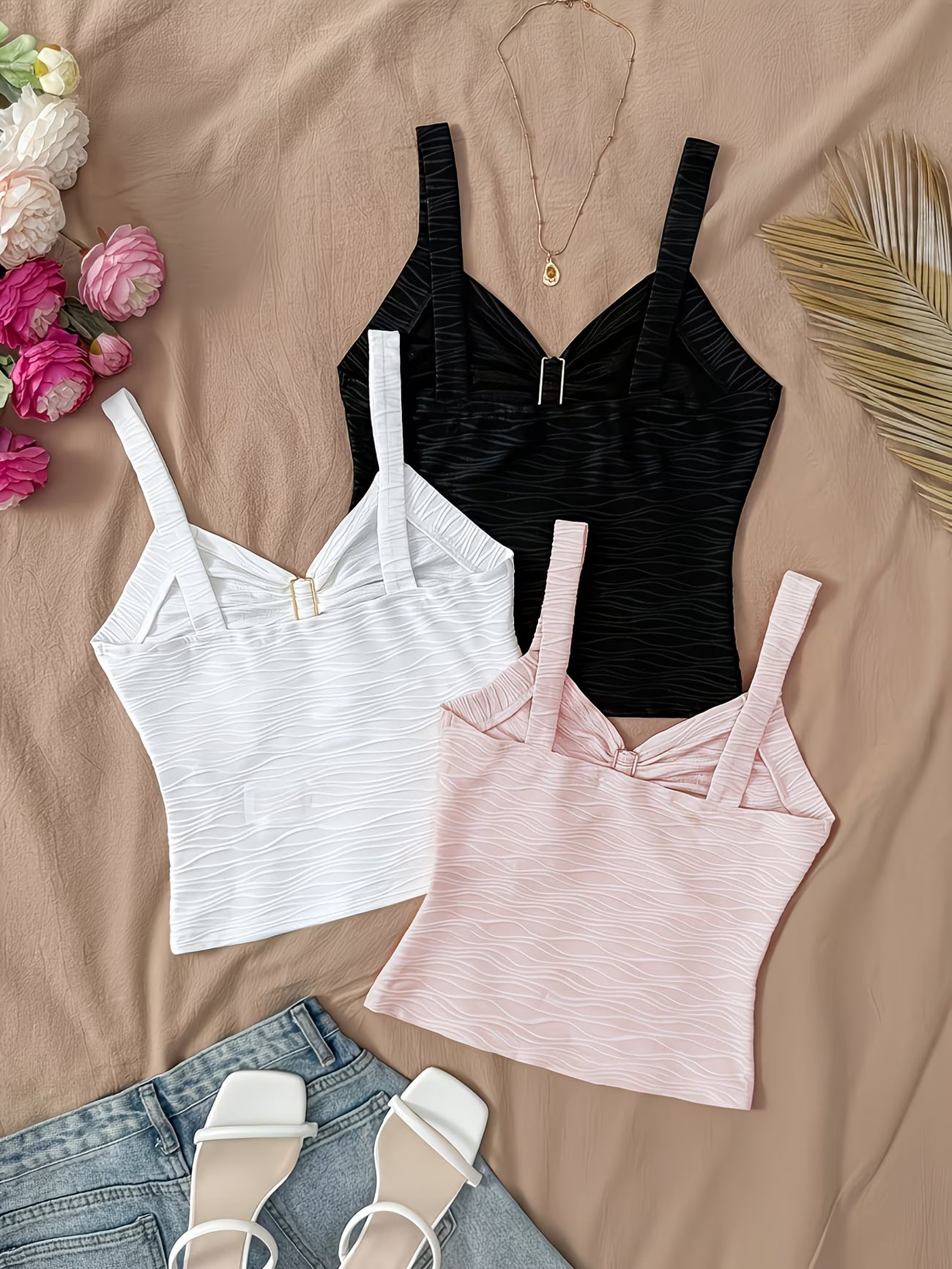 Textured Wave Pattern Tank Top with 3D Floral Detail – 3-Piece Women's Set