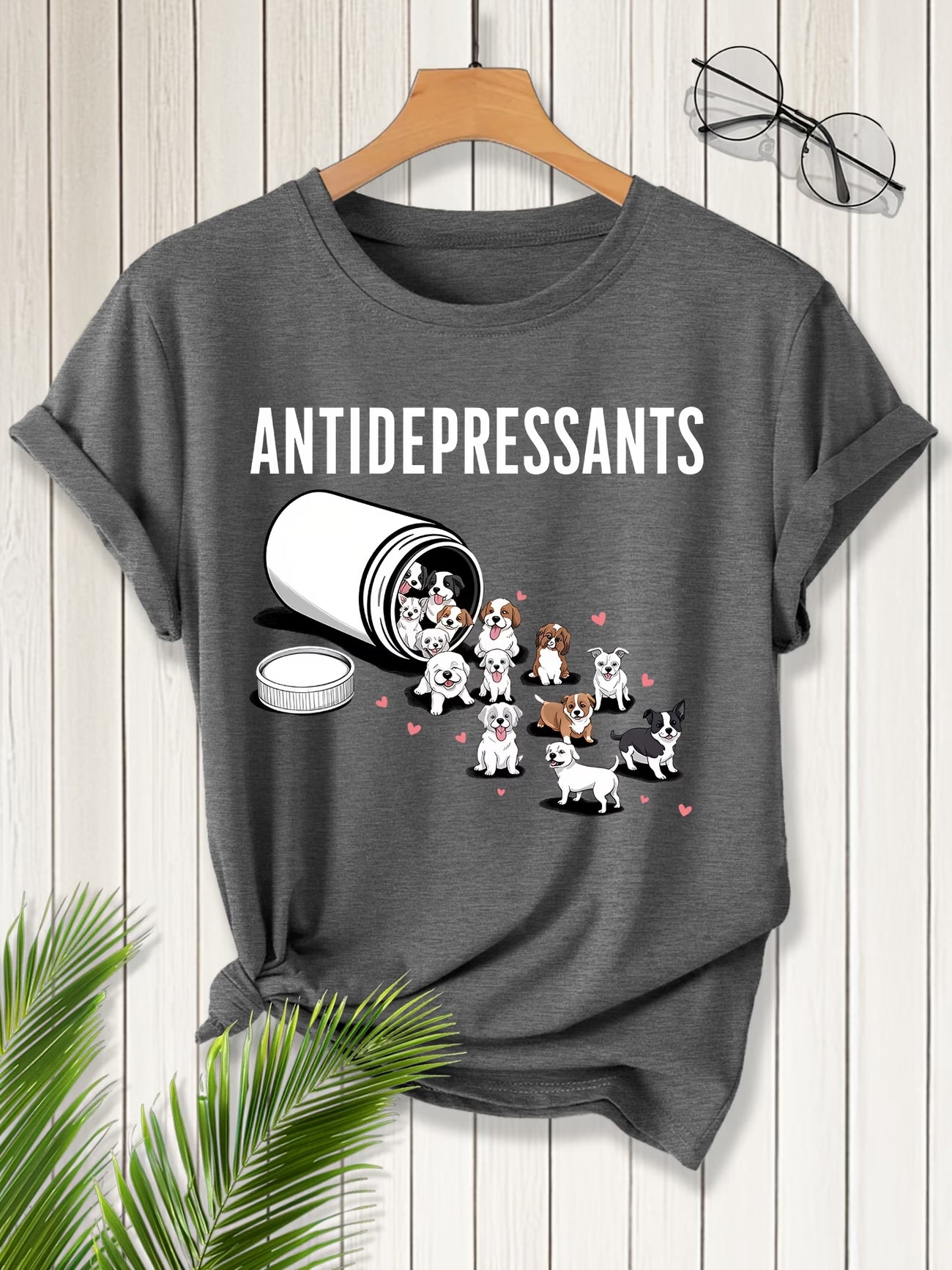 Women's Short Sleeve Cute Puppy "Antidepressant" Print Round Neck T-Shirt