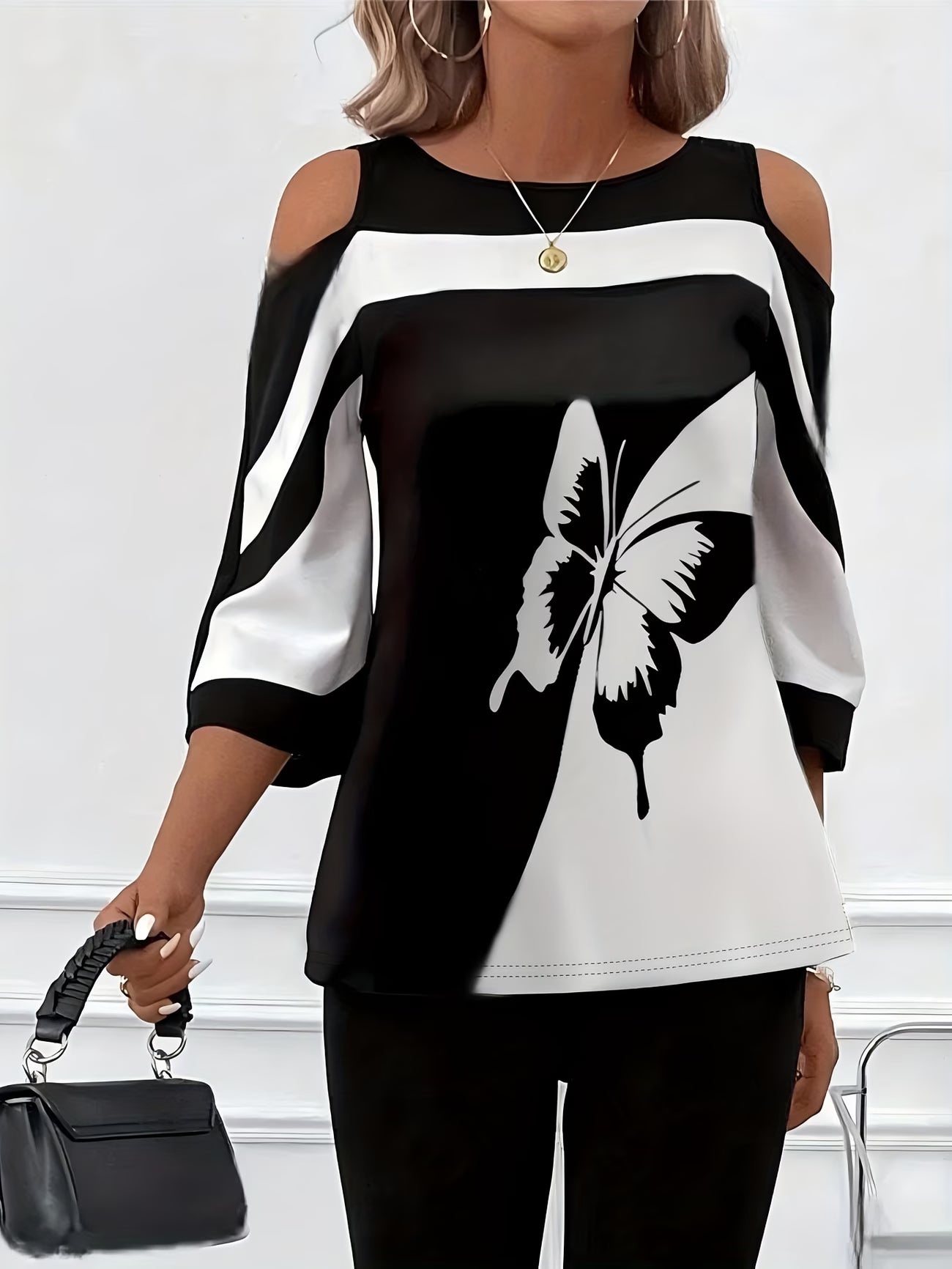 Colour Block Off-Shoulder T-Shirt – Plus Size