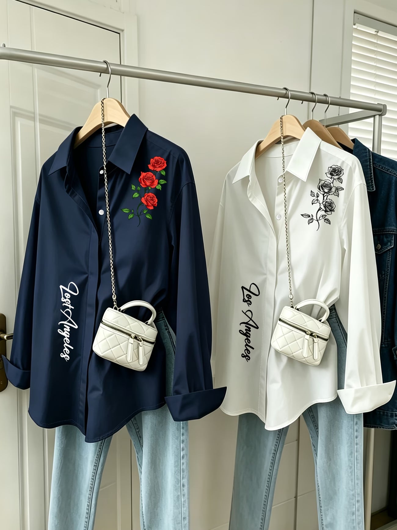 [2-Piece Set] Red Rose English Letter Button-Up Shirt