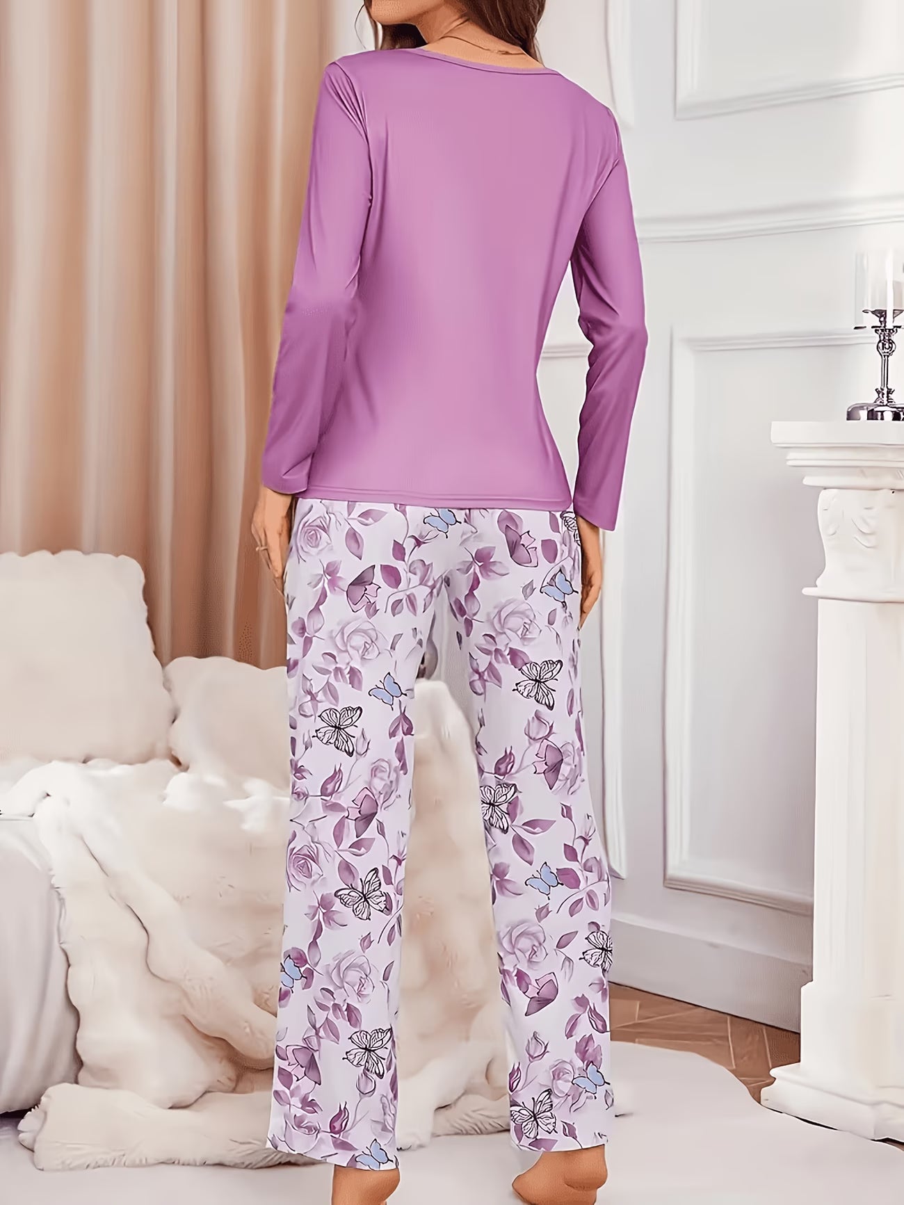 2pcs Butterfly Floral Print Pajama Set | Crew Neck Top & Lounge Pants