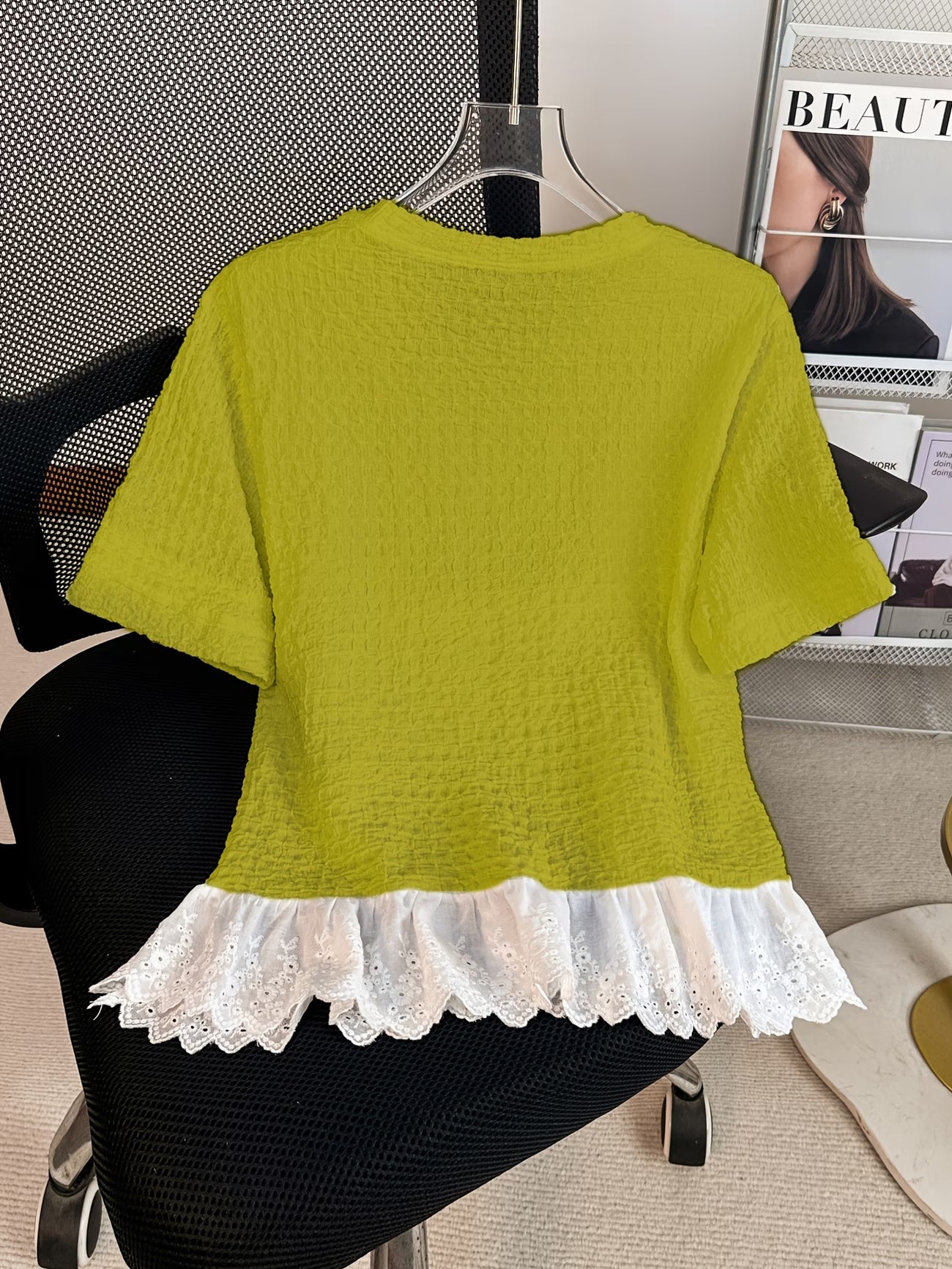 Women's Ruched Lace Patchwork Blouse — Embroidered Short Sleeve Round Neck Top
