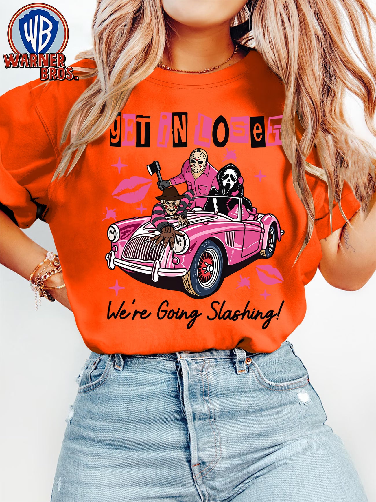 Women's Retro Cartoon Horror Character Pink Car Print T-Shirt