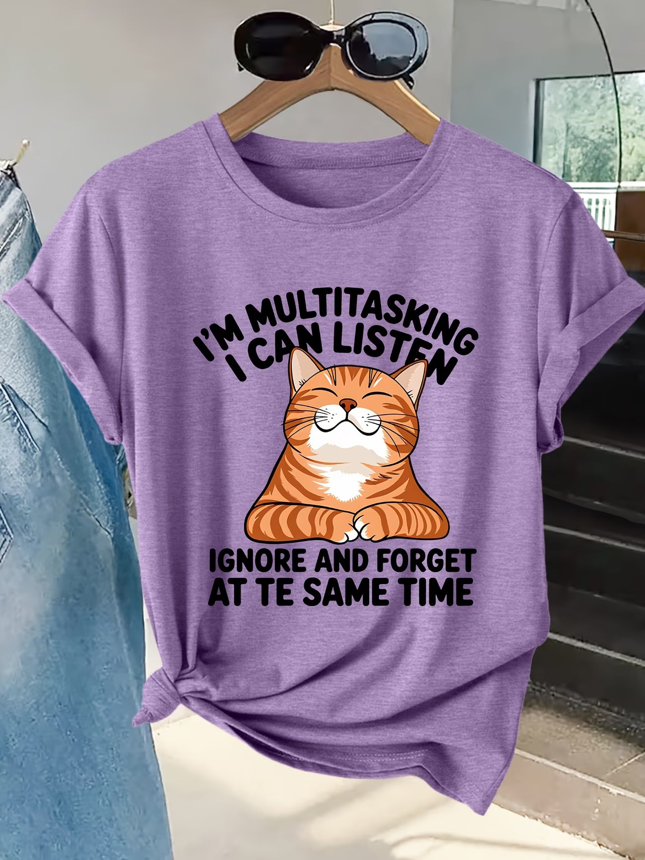 Women's Playful Orange Cat Print Graphic Tee | Short-Sleeve T-Shirt