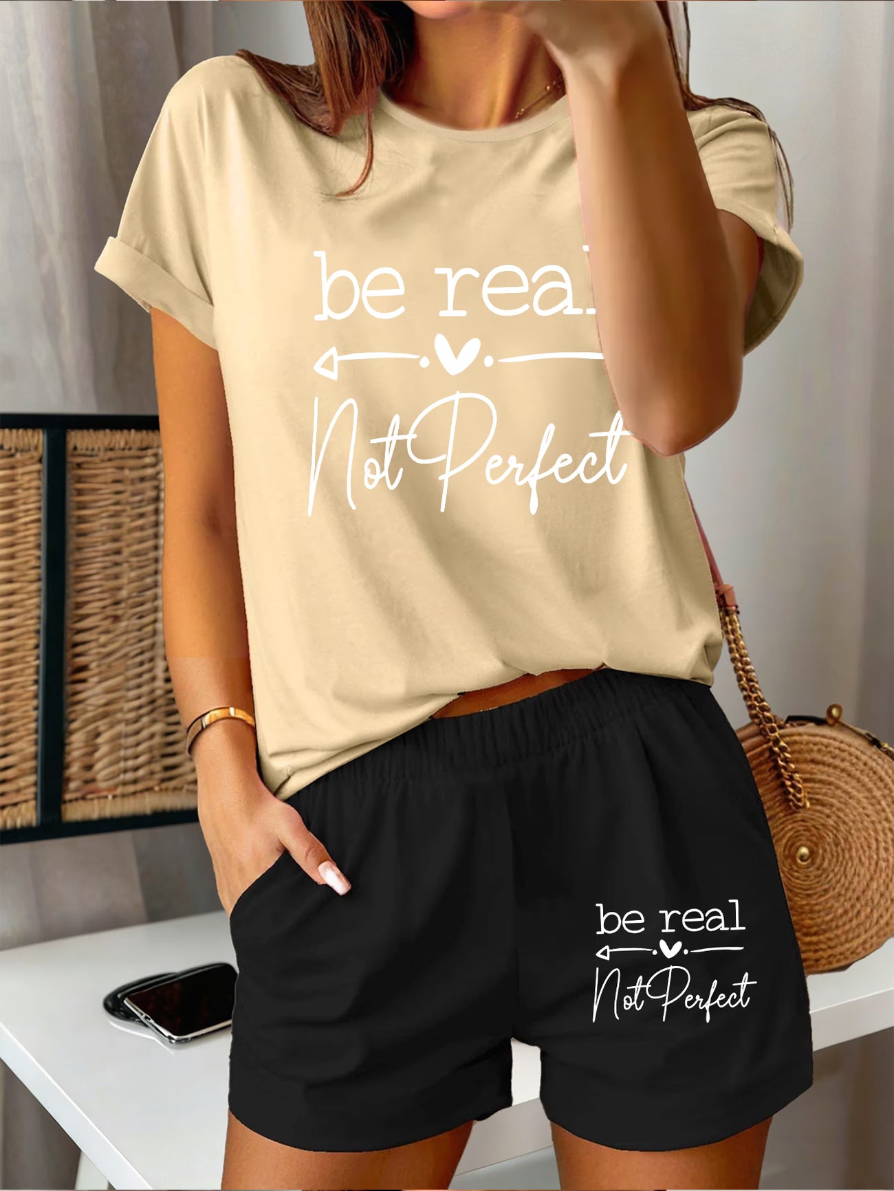 Be Real Not Perfect Loose-Fit Short-Sleeve Top & Shorts Set
