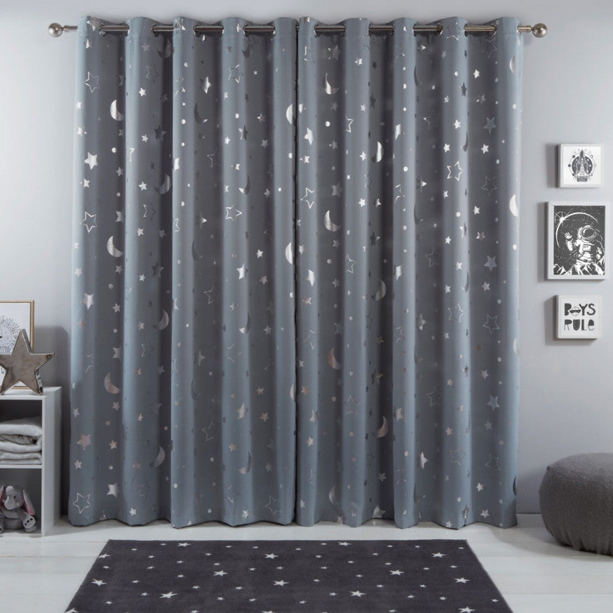 Star Galaxy Kids Eyelet Blackout Curtains - Silver Grey