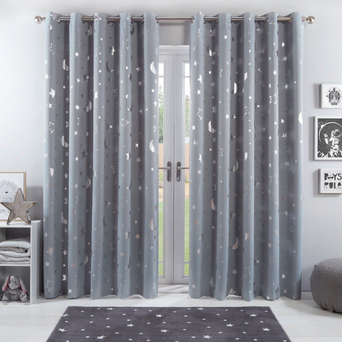 Star Galaxy Kids Eyelet Blackout Curtains - Silver Grey