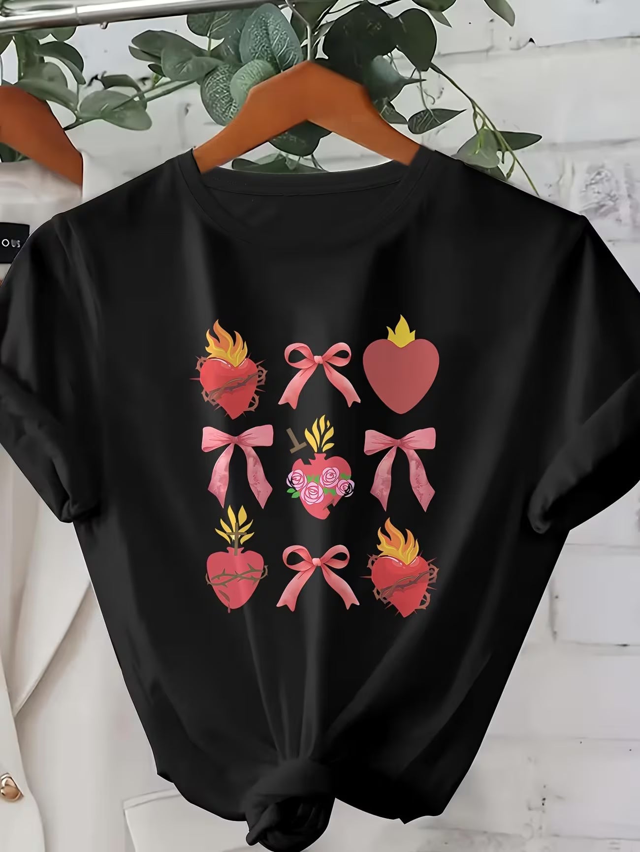 Black Heart Print with Pink Bow & Floral Design