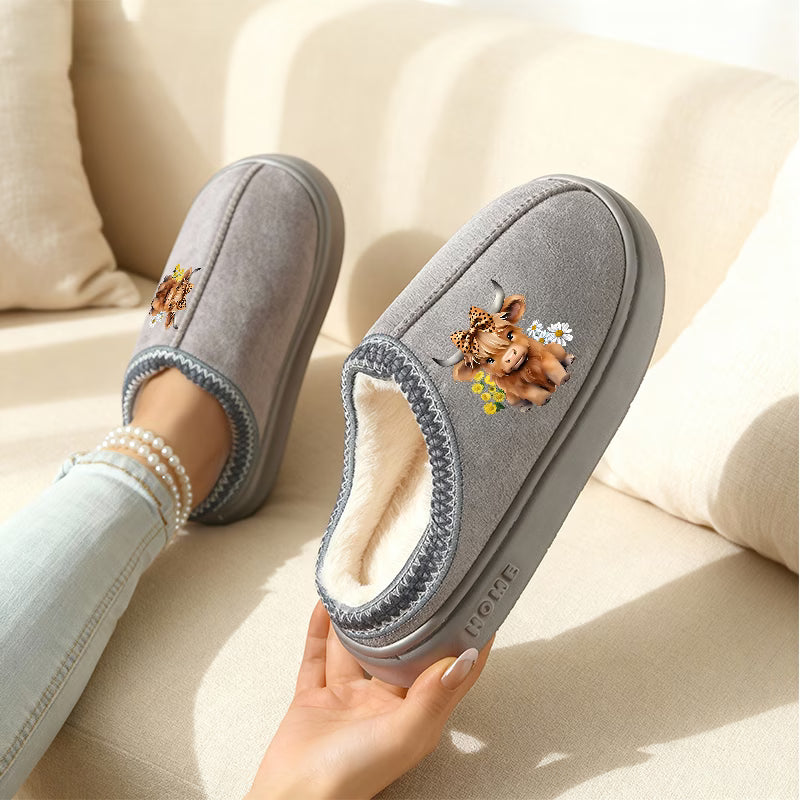 Sunflower Highland Cow Print Slippers – Women's & Unisex Plus Size