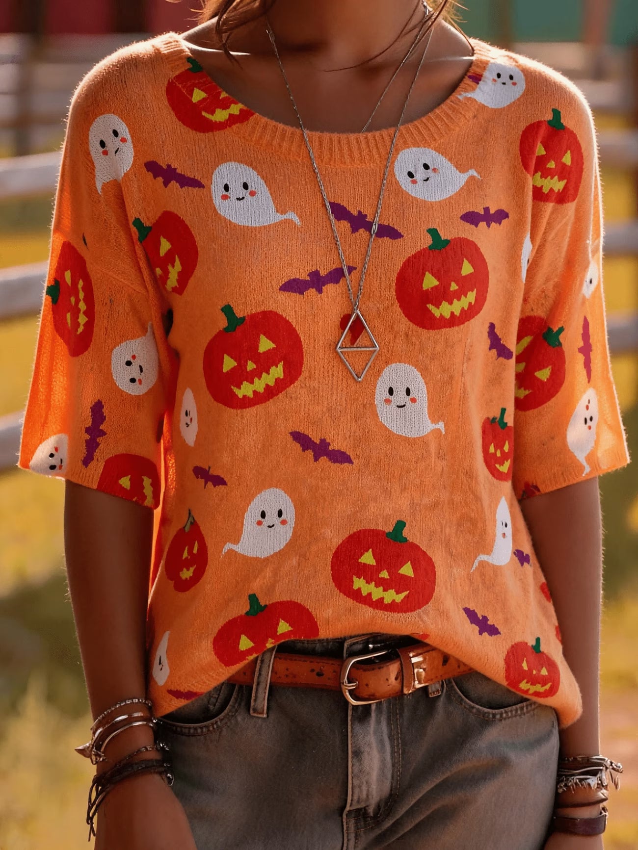 Jack-O'-Lantern & Purple Bat Print Lightweight Sweater Top