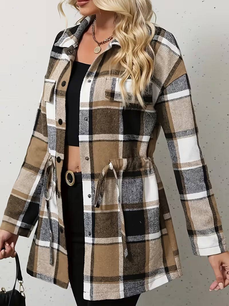 Plaid Panel Drawstring Waist Jacket