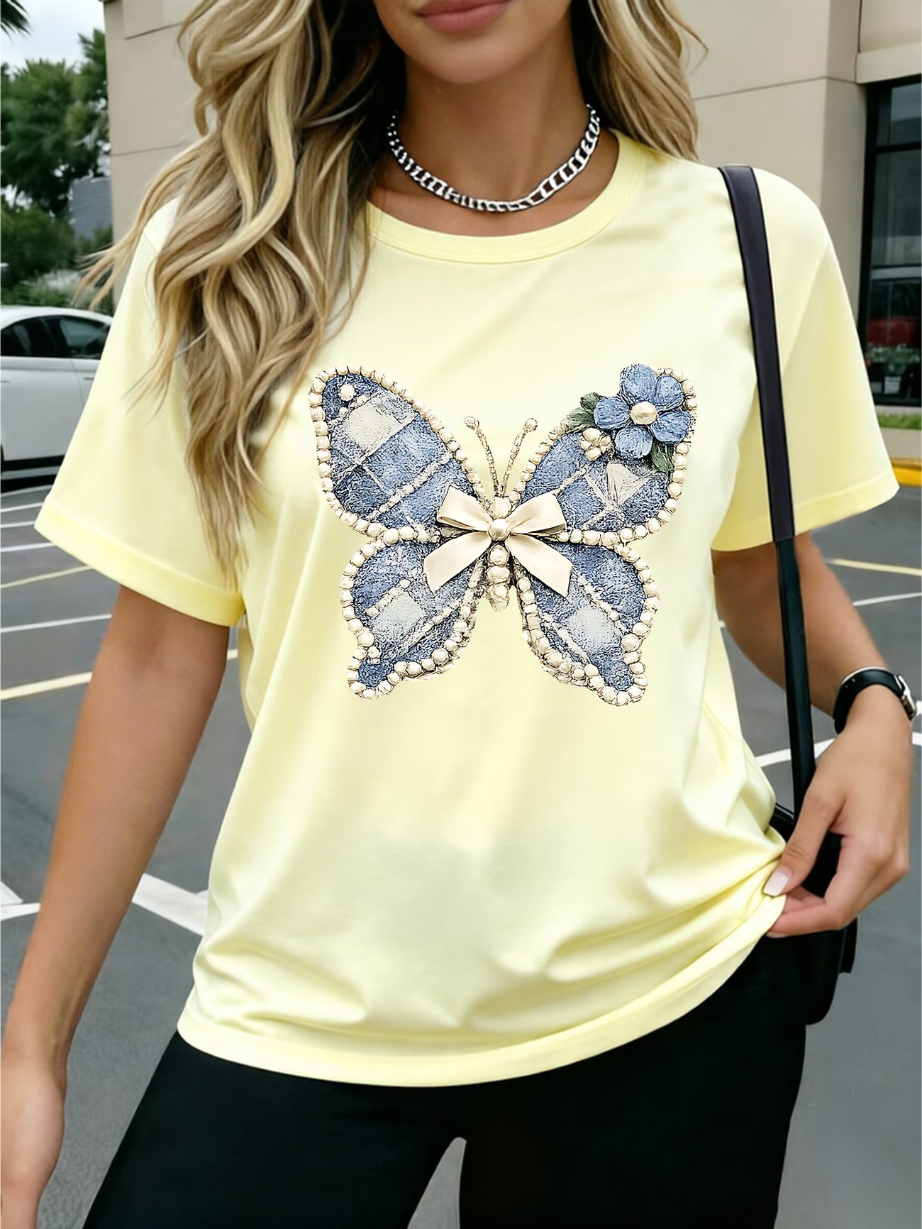 Denim T-Shirt - Soft Pearl Bow & Heart