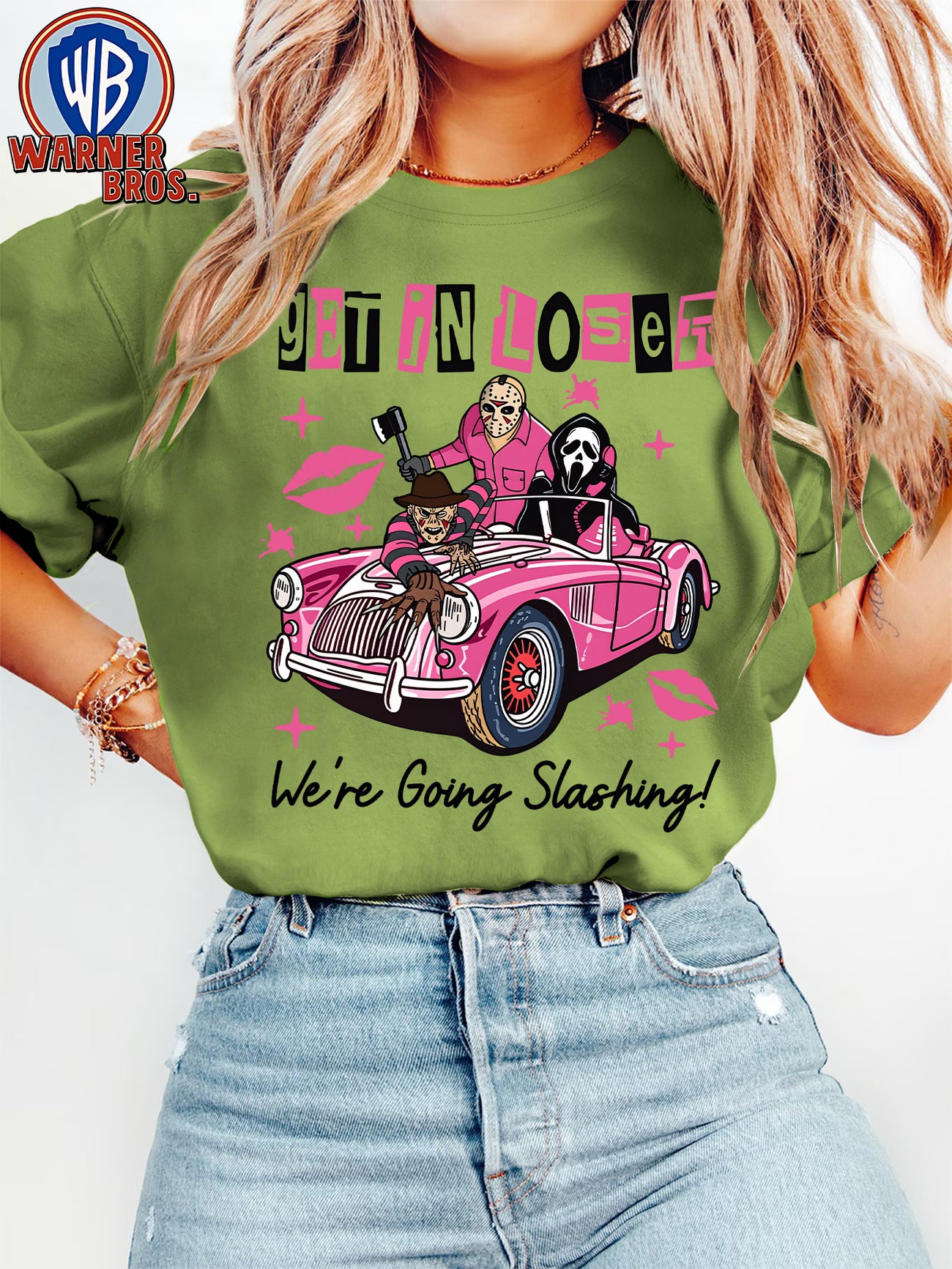 Women's Retro Cartoon Horror Character Pink Car Print T-Shirt