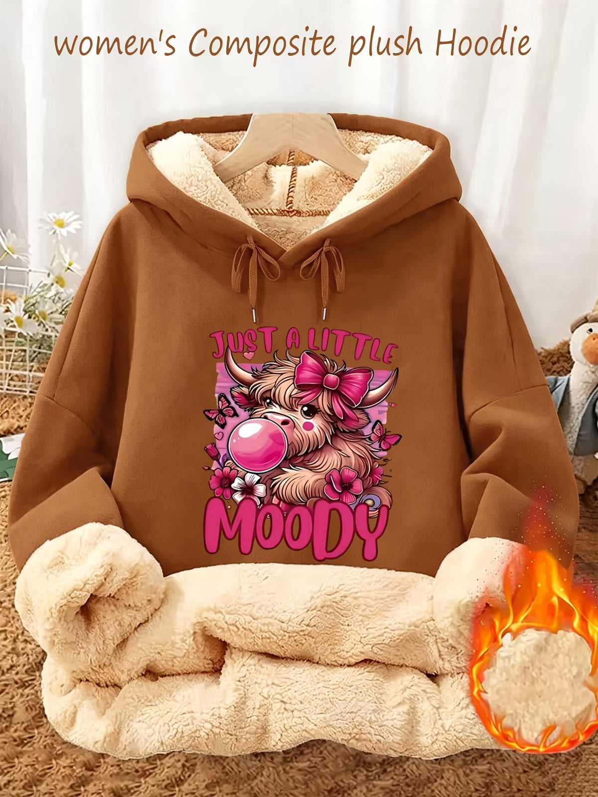 Women's Highland Cow & Bow Fleece-Lined Hoodie
