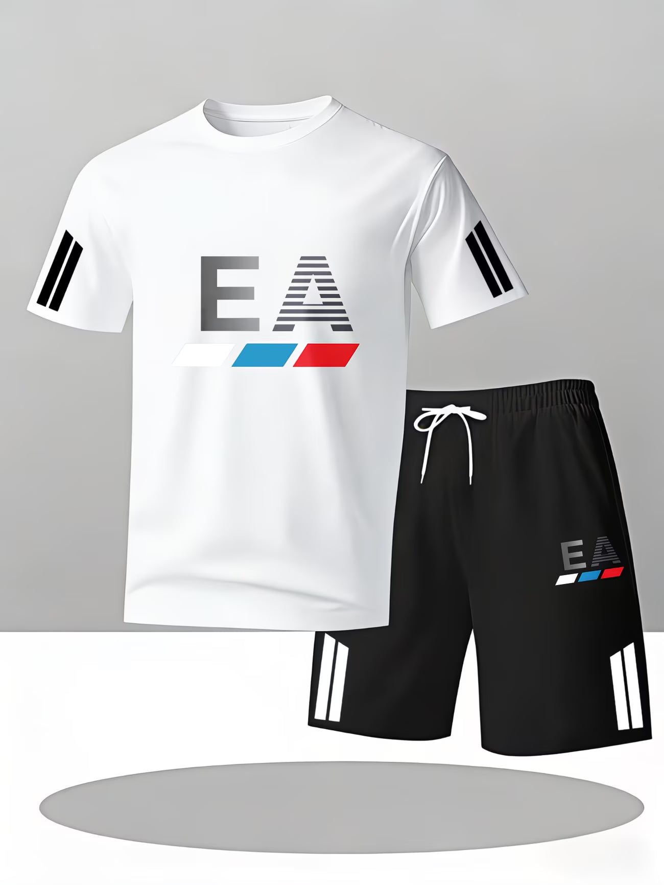 Men's Casual Sportswear Set – EA Logo & Colour Block T-Shirt
