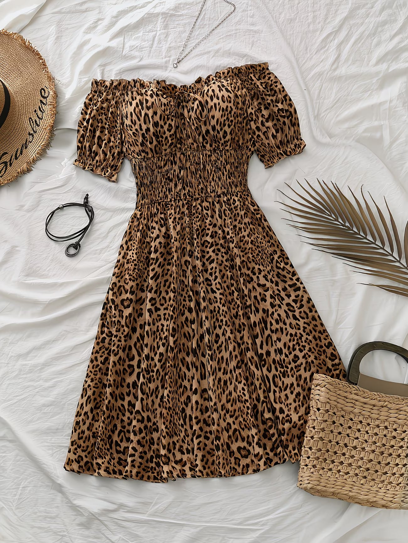 Plus Size Leopard Print Off-Shoulder Women's Dress, Stretch Waist Design,