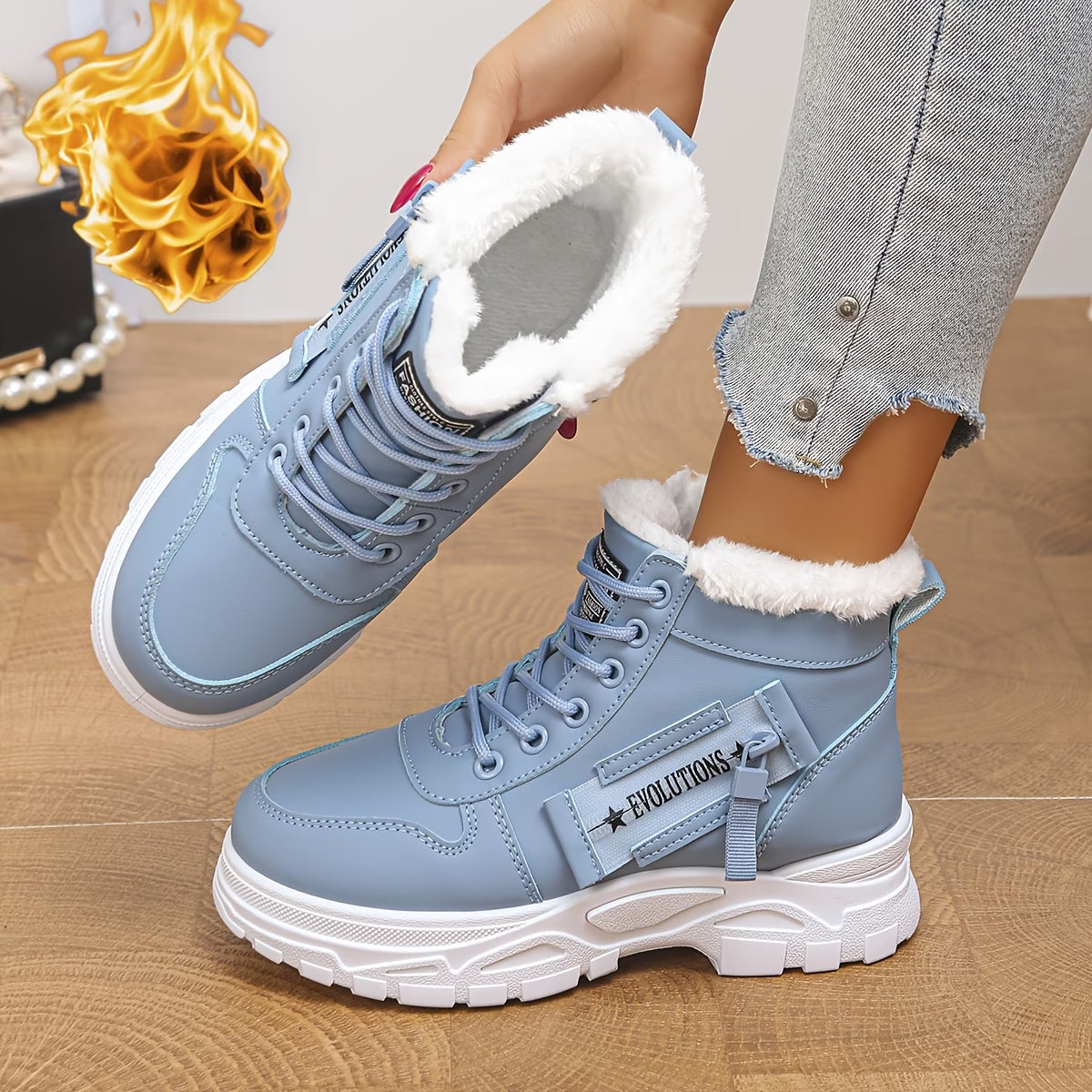 Women's Warm Lace-Up Winter High Top Sneakers with Fluffy Trim & Platform Sole