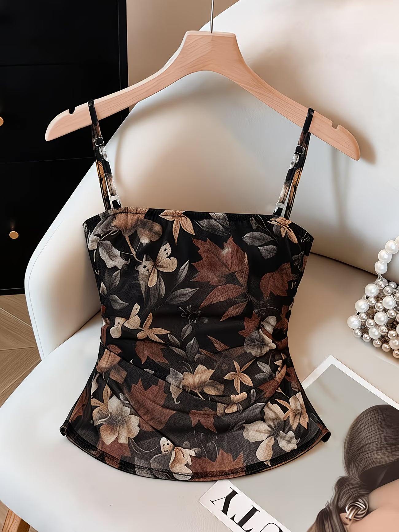 Floral Print Mesh Camisole with Chest Pleats