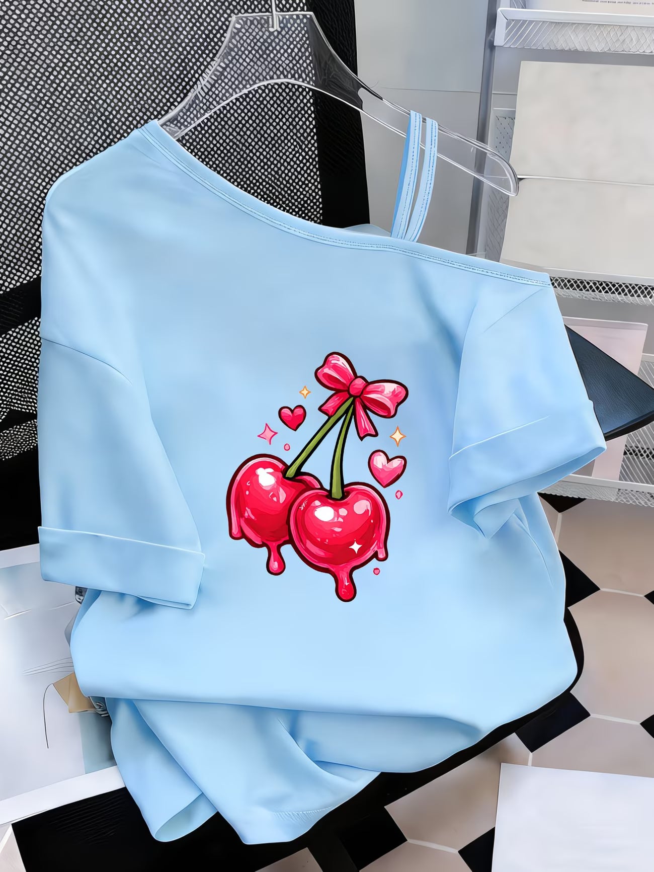 Women's Y2K Off-Shoulder T-Shirt – Cherry & Heart Print