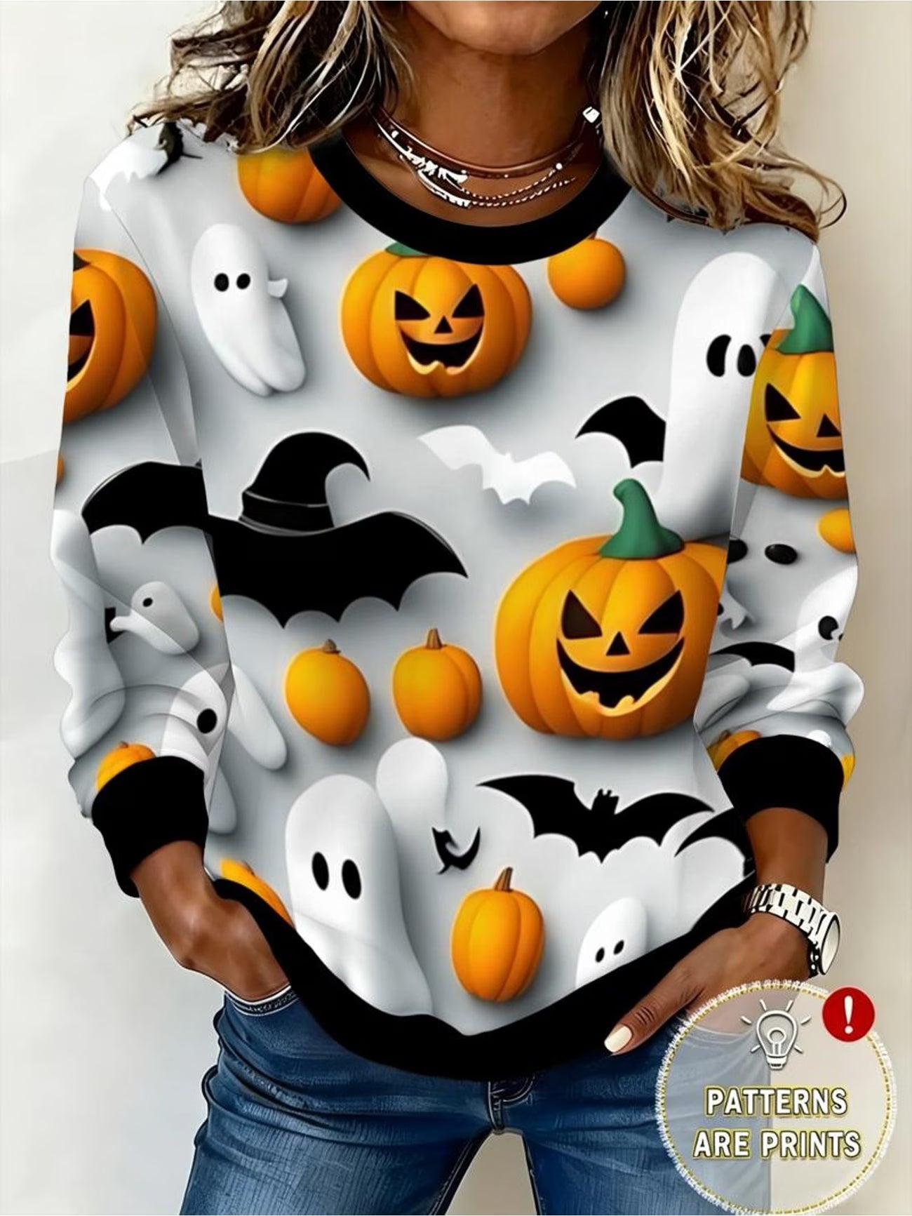Pumpkin Ghost & Bat Halloween Print Sweatshirt