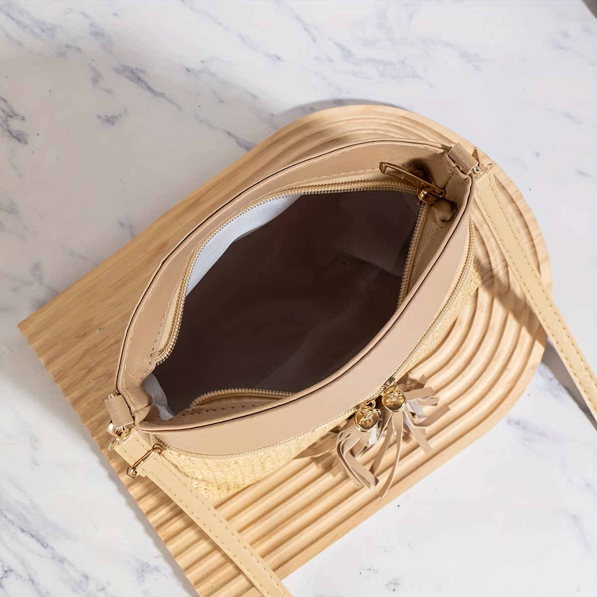 Women's Bohemian Woven Straw Crossbody Bag – Double Tassel Strap