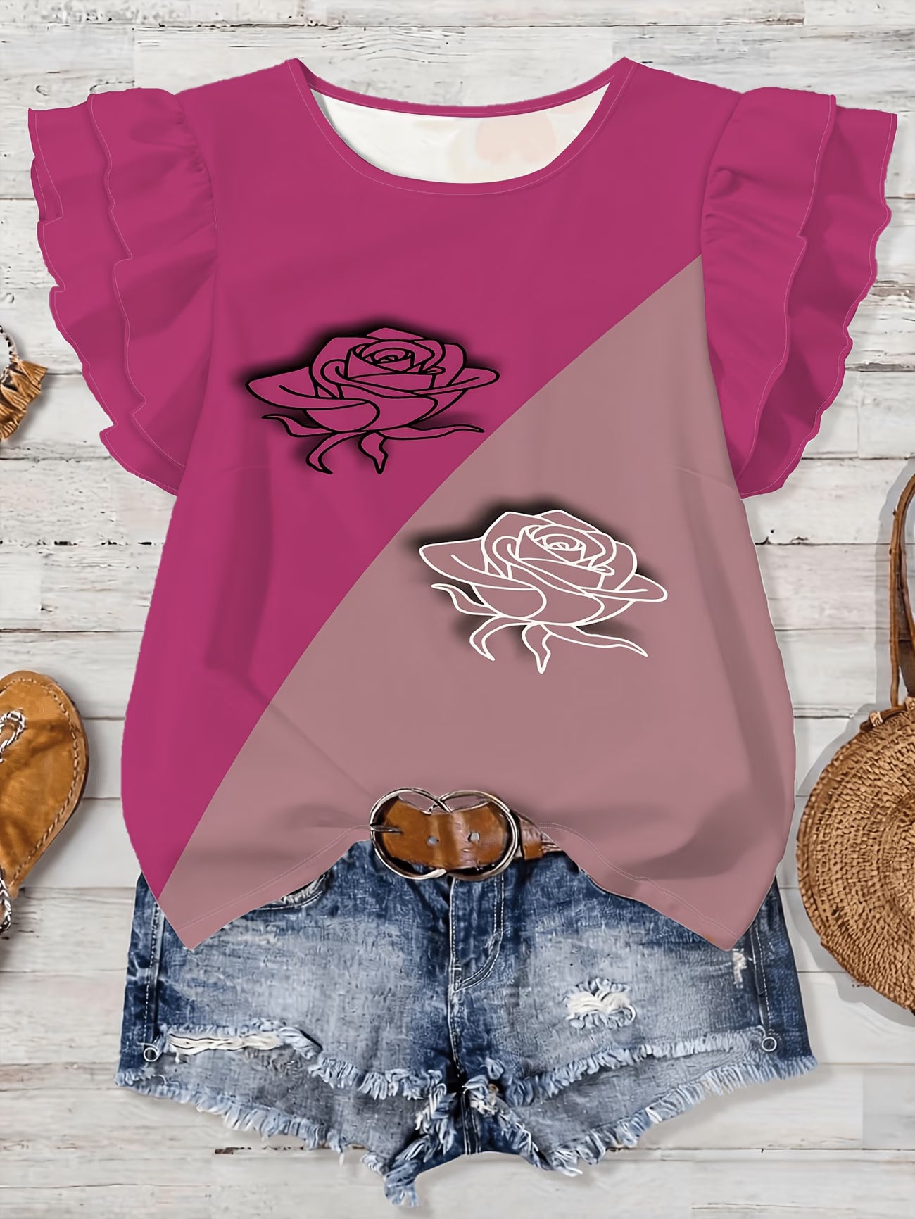 Women'S Fashion Double-Layer T-Shirt, Deep Rose