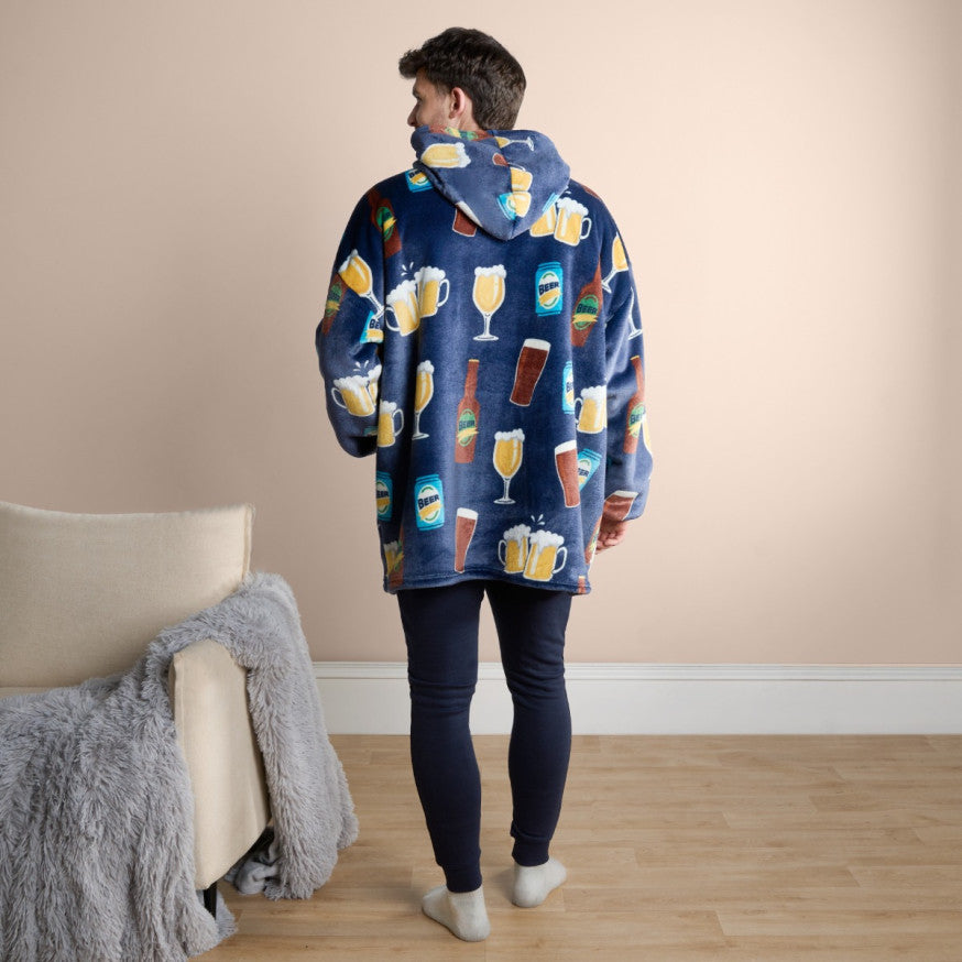 Adults Beer Pint Print Hoodie Blanket - Navy