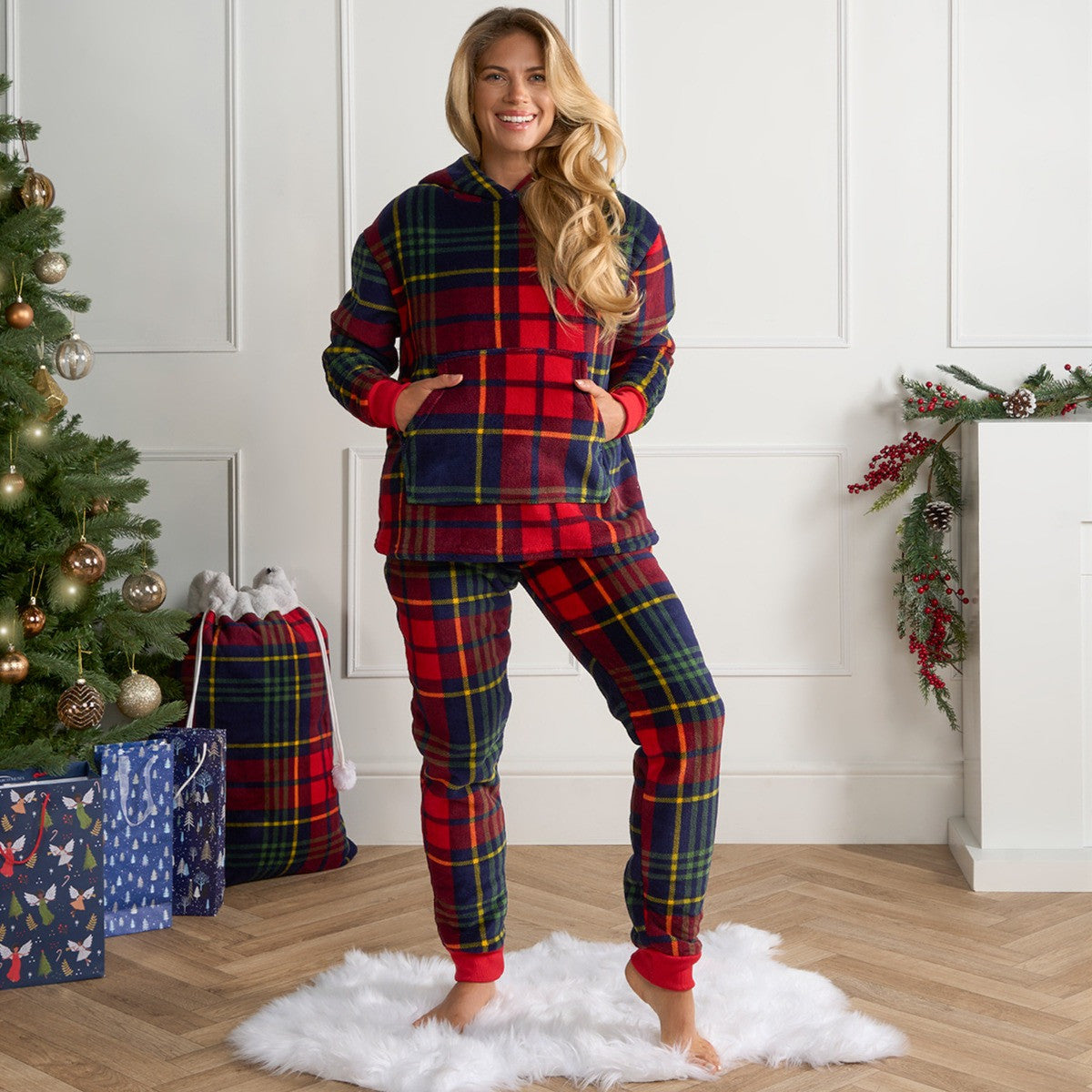 Oxford Check Fleece Hoodie Pyjama Set - Navy/Red