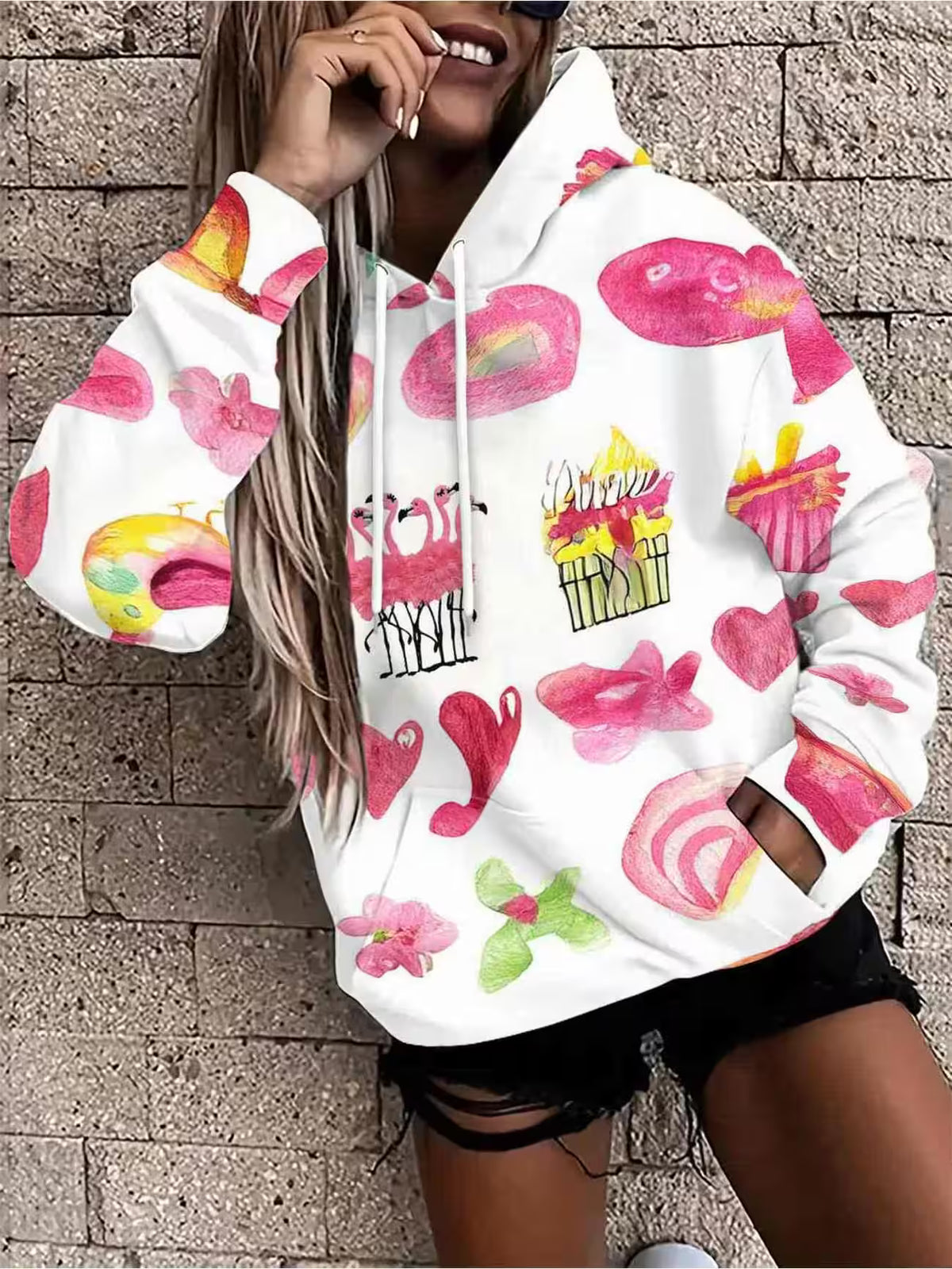 Women’s Pink Heart, Bow, Bird & Cake Print Hoodie