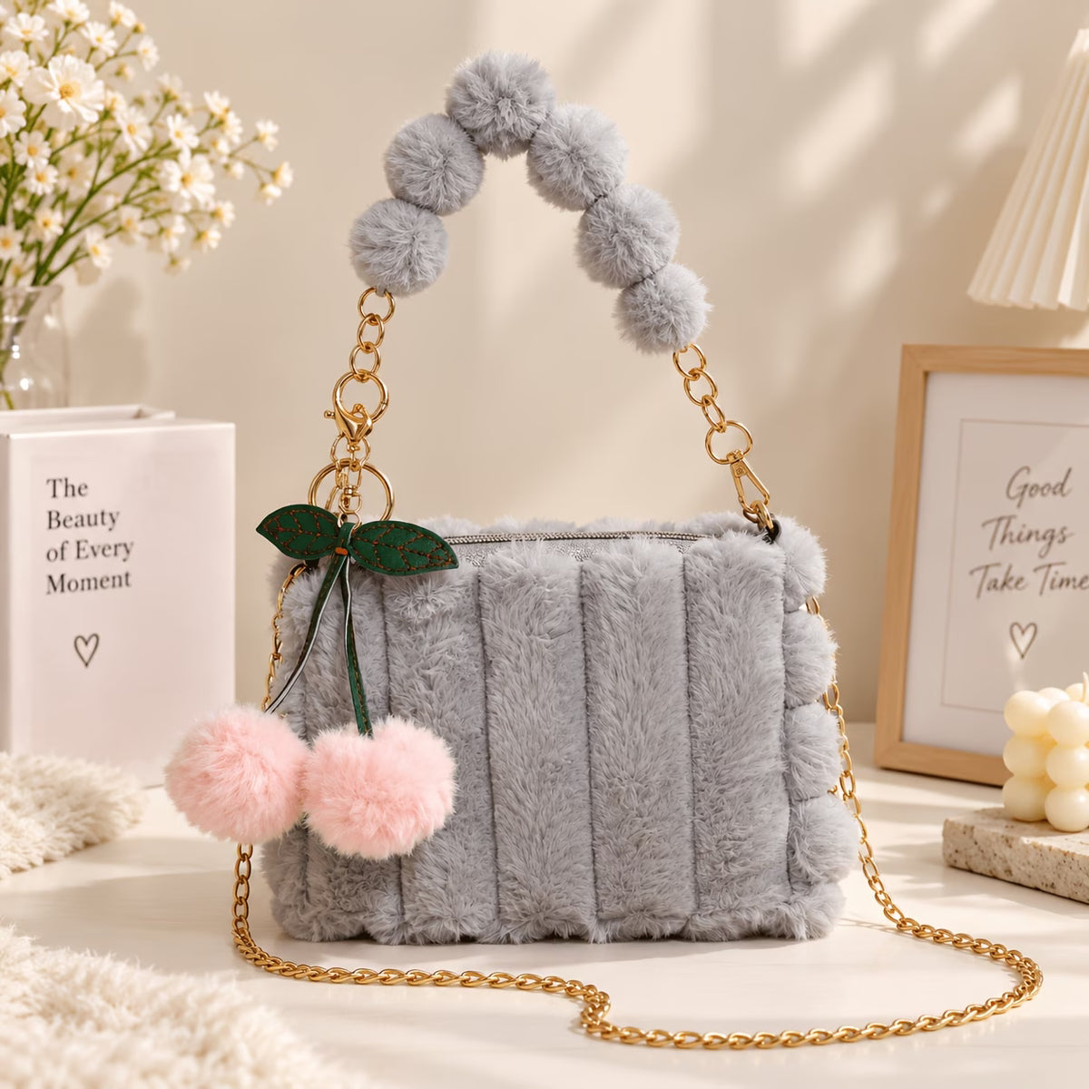 Women's Plush Mini Shoulder Bag with Cherry Charm